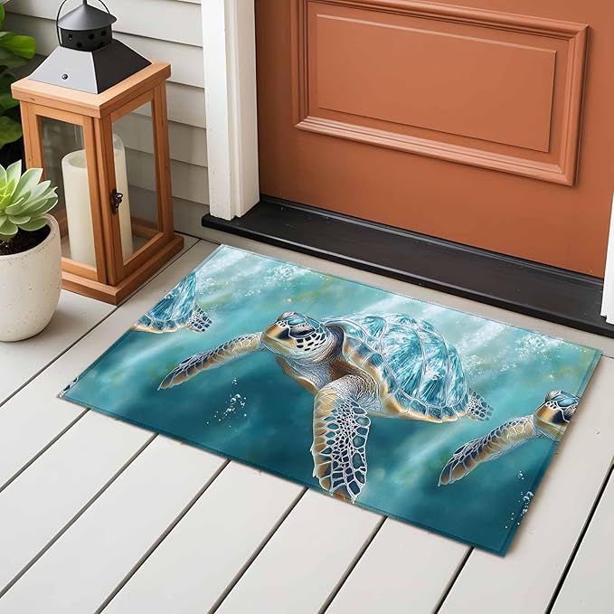 Marine Animal Entryway Rug 2'x3', Ocean Turtle Modern Art Abstract Style Small Area Rug Non-Slip Front Door Mat Washable Floor Carpet for Indoor Entrance Kitchen Bathroom