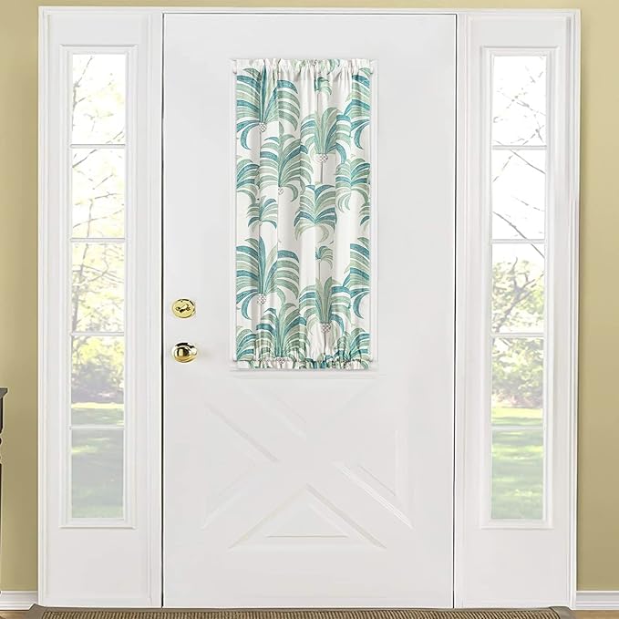 VOGOL Green French Door Curtains, Tropical Leaves Pattern Printed Window Panel with Tieback, 40 Inch Long Rod Pocket Curtain for Sliding Glass Door, 1 Panel