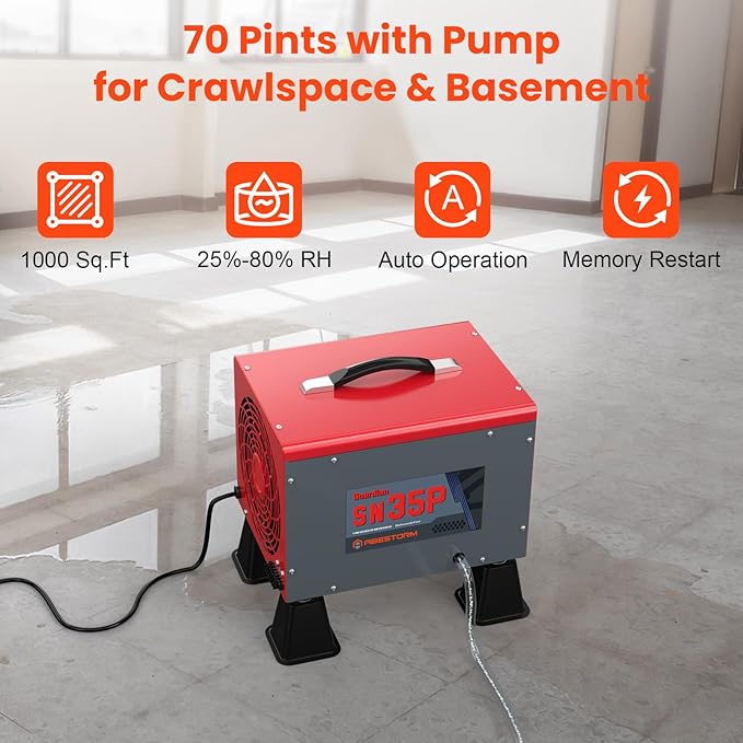 Abestorm 70 Pints Crawl Space Dehumidifiers with Pump, Compact Portable Commercial Dehumidifier Up to 1,000 sq. ft. Auto Defrost, Memory Starting Crawlspace Dehumidifiers
