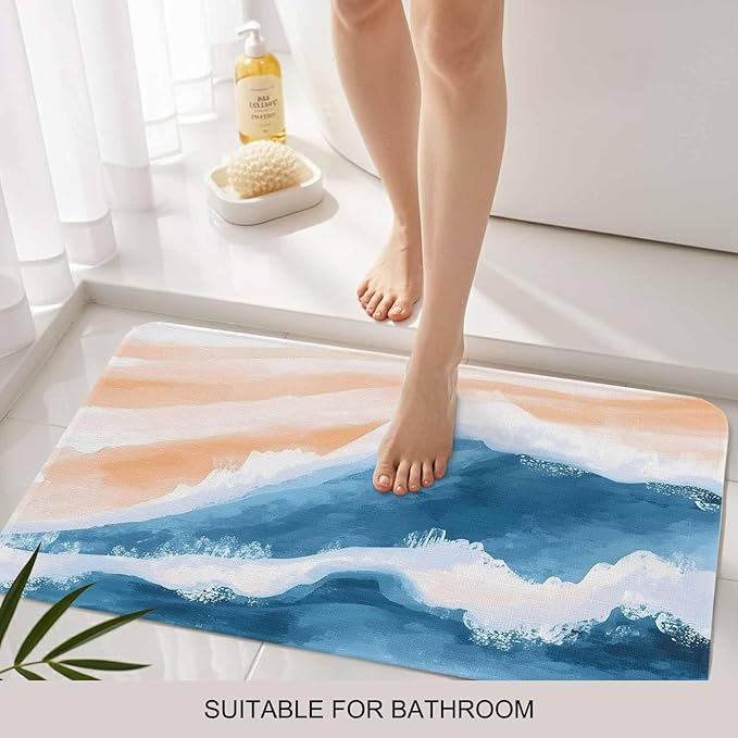 Abstract Waves Doormat Orange Blue Gradient Spray Non Slip Low Profile Rubber Door Mat Washable Absorbent Indoor Front Door Mat Entryway Rug Entrance Carpet 18x30 Inch