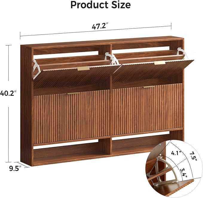 Hootata 47.2''W Walnut Shoe Storage Cabinet for Entryway with 4 Flip Drawers, Fluted Slim Shoe Cabinet, Free Standing Wooden Shoes Organizer for Foyer, Hallway