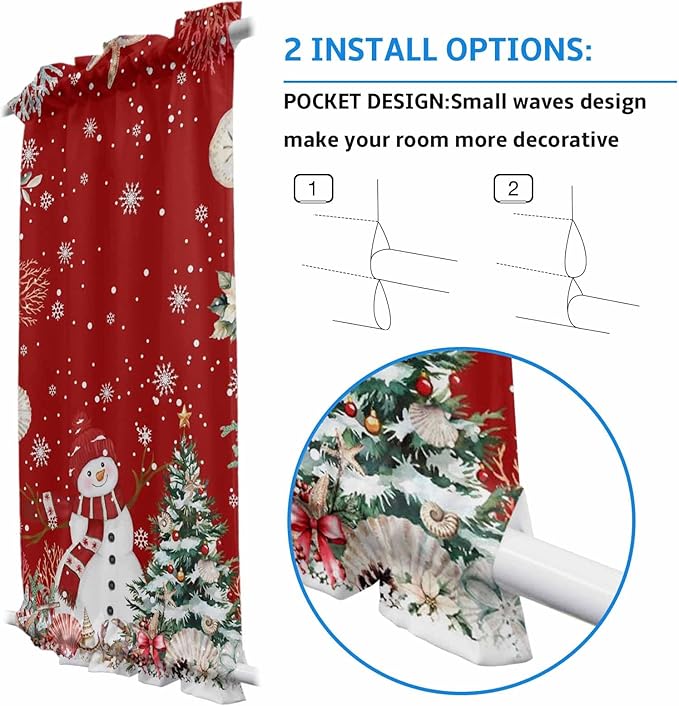 Christmas French Door Curtain Panel for Front Door, Marine Life Snowflake Christmas Tree Snowman Dark Red Slidelight Door Curtains with Tieback Light Filtering Privacy Panels for Entryway 25"x 40"