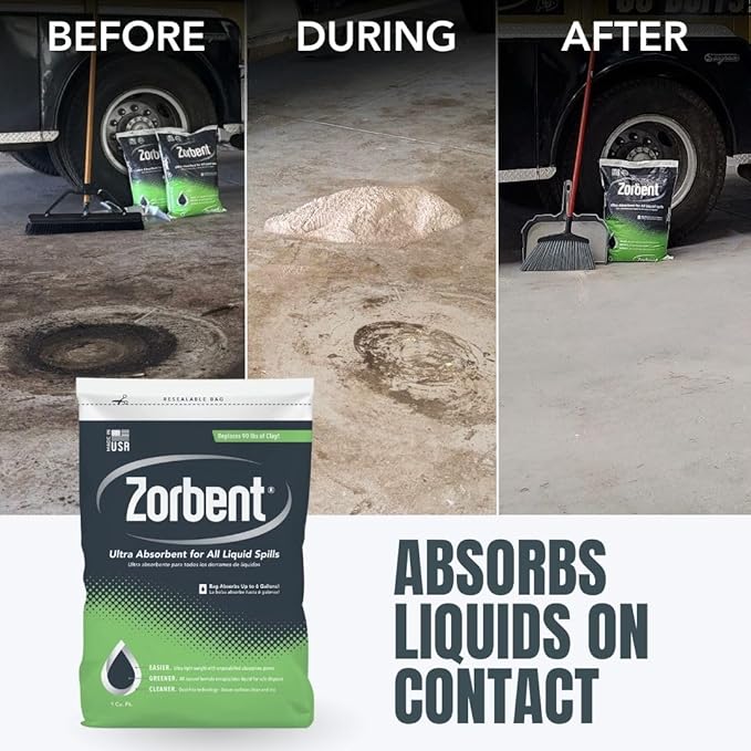 Zorbent Oil Spill Absorbent | 30 Quart Bag Absorbs up to 6 Gallons of Liquid. Replaces 90 lbs of Clay. Non-Toxic, Low-Dust, with Cleaning Agent. For Fast Industrial Spill Cleanup