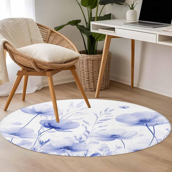 Flower Small Round Rug 3 Ft, Blue Area Rugs Washable Non Slip Indoor Floor Mats Circle Carpet for Living Room Bedroom Dining Room Home Decor