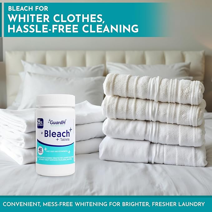 GuardH Bleach Tablets 40 Count – Multipurpose Cleaning Tablets for Laundry, Toilet Bowl, Bathroom Tile and Kitchen Surfaces – Liquid Bleach Alternative, Fast Dissolving Formula