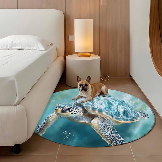 Marine Animal Round Rug 5 Ft, Ocean Turtle Modern Art Abstract Style Circle Area Rugs Washable Non Slip Indoor Floor Mats Carpet for Living Room Bedroom Dining Room Home Decor