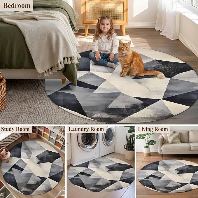 Color Block Large Round Rug 7Ft, Modernism Blue Beige Line Abstract Art Circle Area Rugs Washable Non Slip Indoor Floor Mats Carpet for Living Room Bedroom Dining Room Home Decor