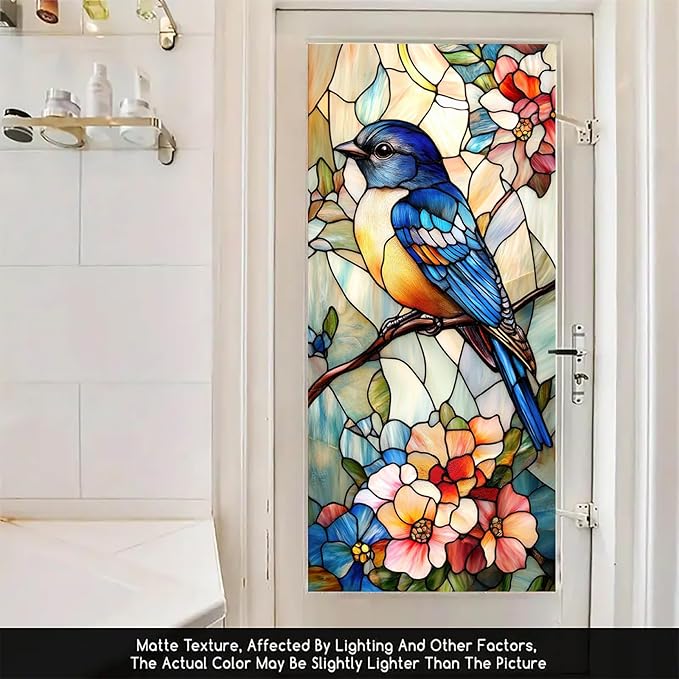 Bluebird Stained Glass Window Film 17.7x39.3 Inch Privacy Static Cling Window Sticker No Glue Floral Decorative Glass Decal for Door Panels Kitchen Entryway Sunroom Partitions