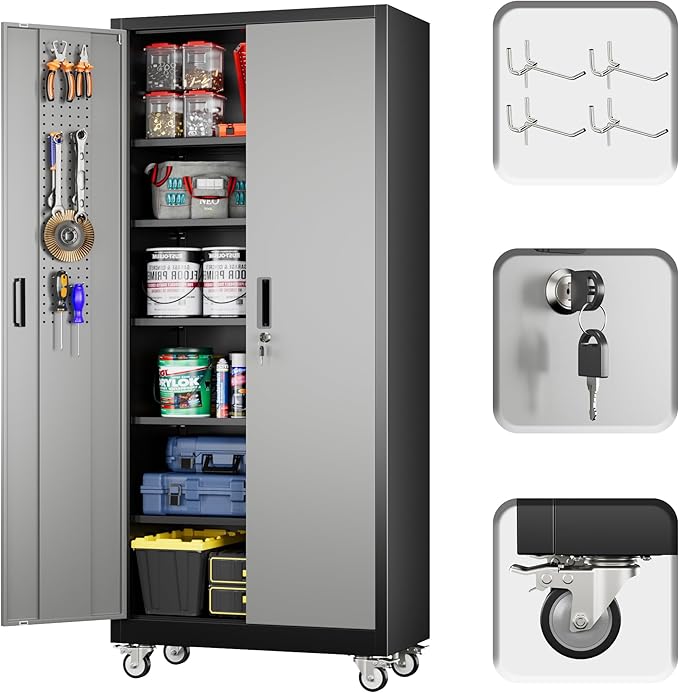 Reemoon 71" H Metal Garage Storage Cabinet with Wheels，Steel Storage Cabinet with Door,5 Adjustable Shelves and Pegboard for Garage Home,Required Assembly,Black &Dark Grey