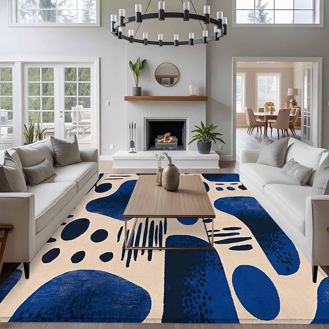 Modernism 5'x7' Area Rugs, Blue Black Geometric Abstract Style Washable Area Rugs Non-Slip Indoor Floor Mats Carpet for Living Room Bedroom Dining Room
