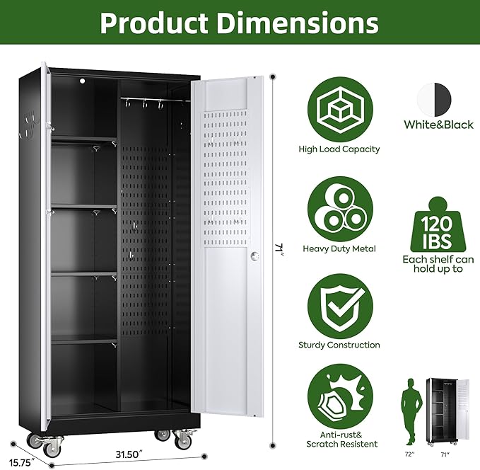 Reemoon 71'H Broom Closet Storage Cabinet with Doors and Pegboard,Metal Garage Storage Cabinet on Wheels and Adjustable Shelves for Garage Home,Required Assembly,Black and White