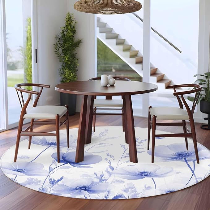 Flower Round Rug 5 Ft, Blue Circle Area Rugs Washable Non Slip Indoor Floor Mats Carpet for Living Room Bedroom Dining Room Home Decor