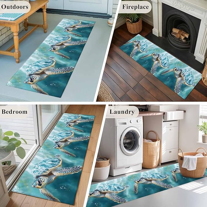Marine Animal Runner Rug 2'x6', Ocean Turtle Modern Art Abstract Style Hallway Runner Rugs Washable Non-Slip Bedside Floor Mats Carpet for Kitchen Bedroom Laundry Room Bathroom