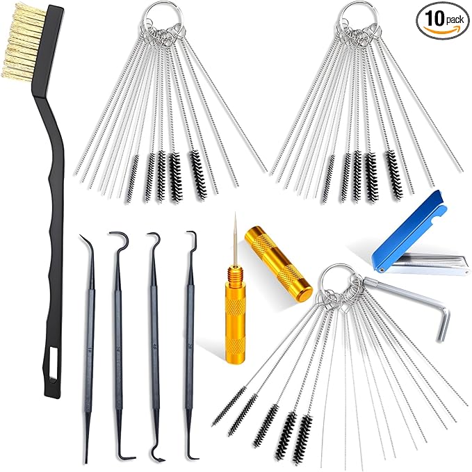 Carburetor Cleaner Kit Torch Tip Cleaner Set, Includes 1 Single Head Brush 30 Needles 15 Nylon Brushes 1 Hexagonal Wrench 1 Scraper and 4 Cleaning Hooks 1 Aluminum Case for Motorcycle ATV