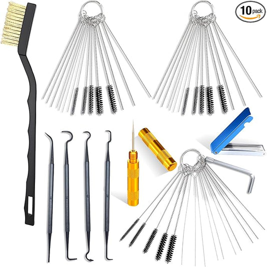Carburetor Cleaner Kit Torch Tip Cleaner Set, Includes 1 Single Head Brush 30 Needles 15 Nylon Brushes 1 Hexagonal Wrench 1 Scraper and 4 Cleaning Hooks 1 Aluminum Case for Motorcycle ATV