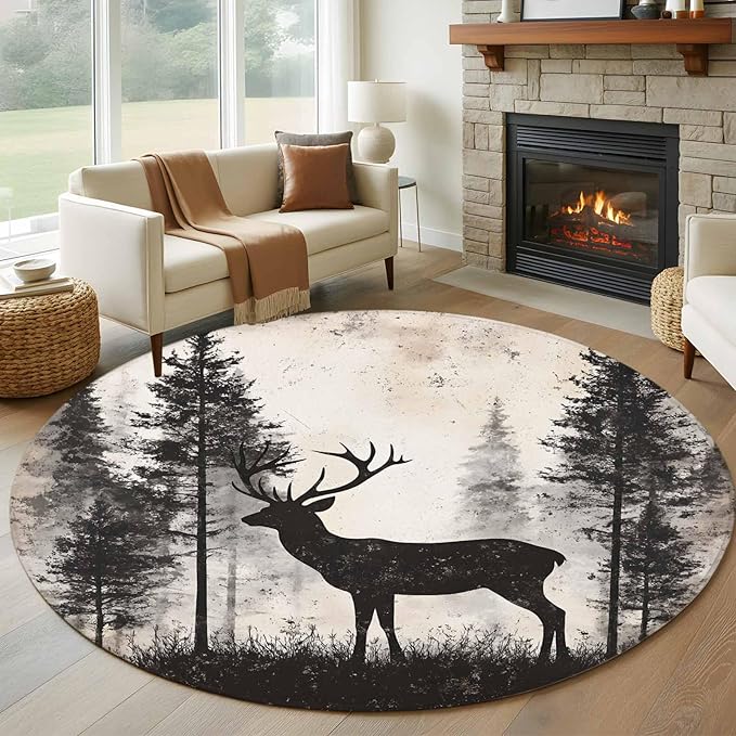 Elk Round Rug 6 Ft, Deer Silhouette Circle Area Rugs Washable Non Slip Indoor Floor Mats Carpet for Living Room Bedroom Dining Room Home Decor