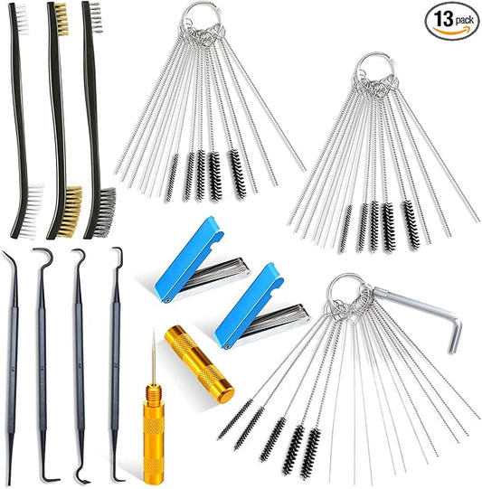 Carburetor Cleaner Kit Torch Tip Cleaner Set, Includes 3 Double Headed Brush 30 Needles 15 Nylon Brushes 1 Hexagonal Wrench 1 Scraper and 4 Cleaning Hooks 2 Aluminum Case for Motorcycle ATV