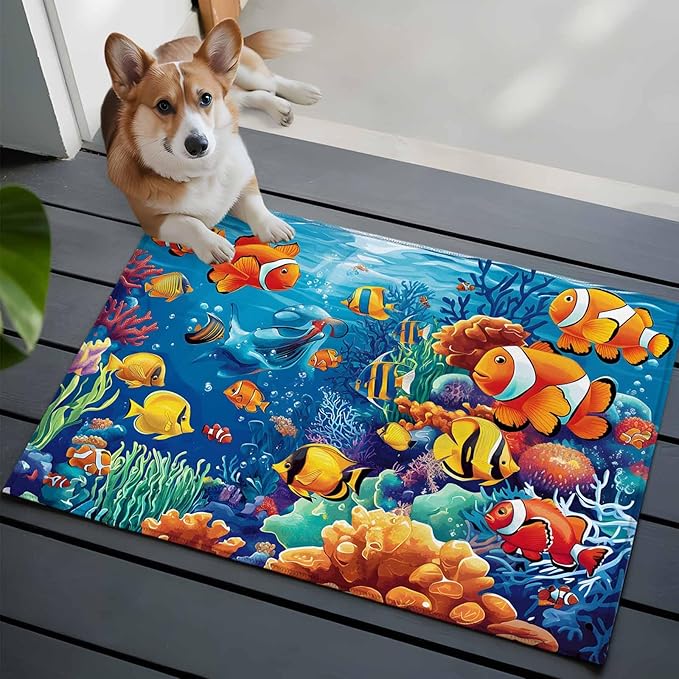 Ocean Marine Entryway Rug 2'x3', Life Fish Coral Seagrass Underwater Coastal Small Area Rug Non-Slip Front Door Mat Washable Floor Carpet for Indoor Entrance Kitchen Bathroom