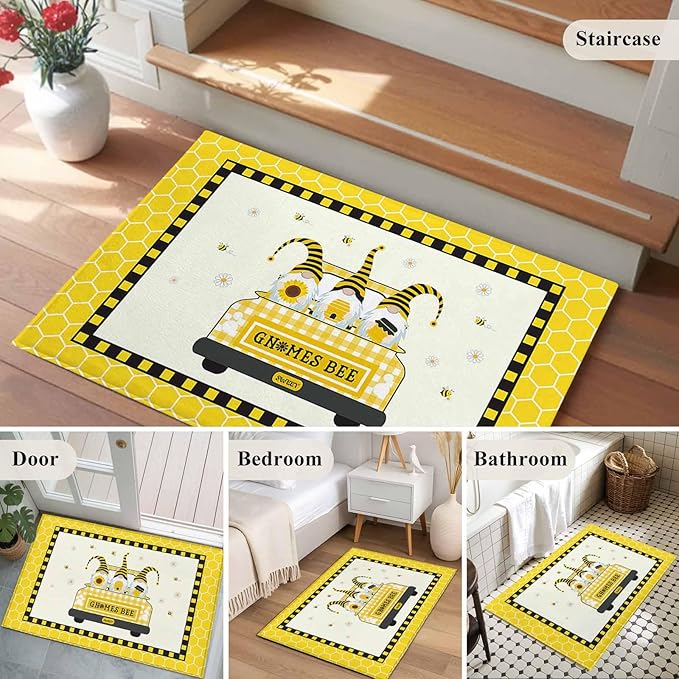 Honey Gnomes Entryway Rug 2'x3', Bees Hive Sunflower Truck Small Area Rug Non-Slip Front Door Mat Washable Floor Carpet for Indoor Entrance Kitchen Bathroom