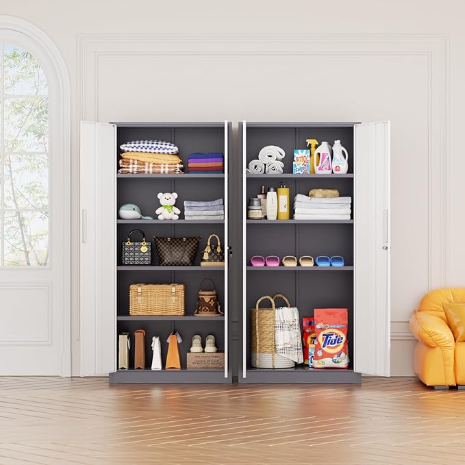 Bonusall 72" Metal Garage Storage Cabinet， Heavy-Duty Steel Cabinet with 2 Locking Doors & 4 Adjustable Shelves for Home, Office, or Workshop Organization(White Grey)