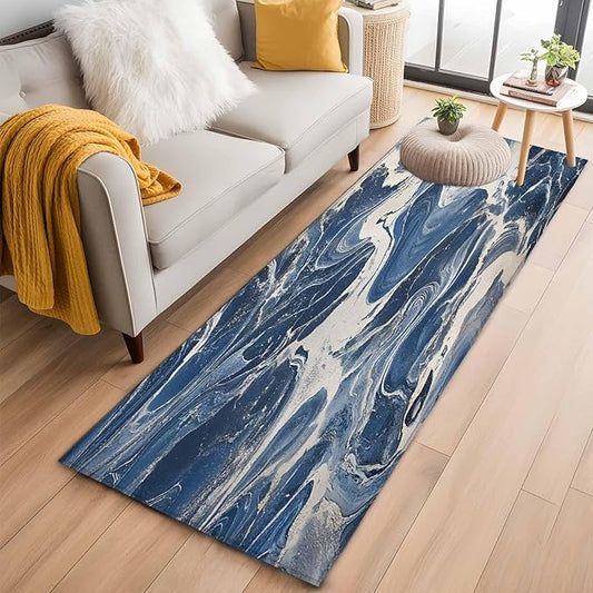 Impressionist Style Runner Rug 2'x6', White Blue Blurred Wash Hallway Runner Rugs Washable Non-Slip Bedside Floor Mats Carpet for Kitchen Bedroom Laundry Room Bathroom