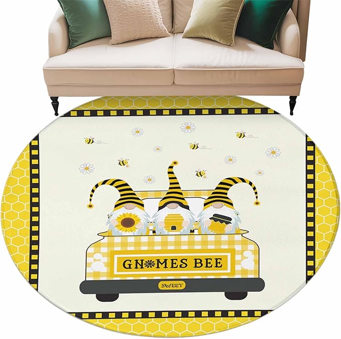 Honey Gnomes Large Round Rug 7Ft, Bees Hive Sunflower Truck Circle Area Rugs Washable Non Slip Indoor Floor Mats Carpet for Living Room Bedroom Dining Room Home Decor