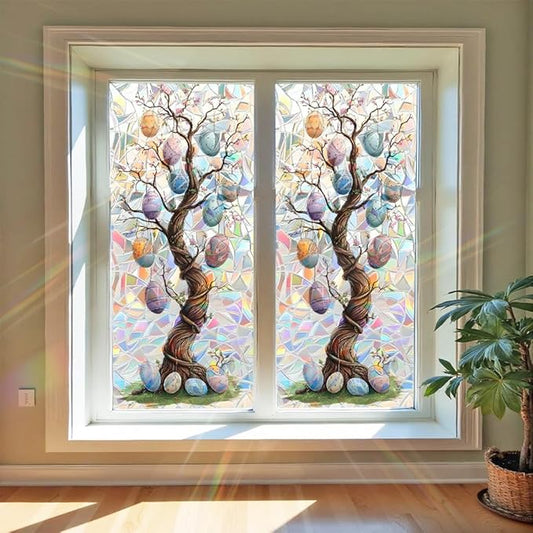 Window Film 17.3 x 39.4 Inch Easter Egg Tree Illustration PVC Decorative Privacy Window Covering for Seasonal Home Styling Spring Glass Surface Decor