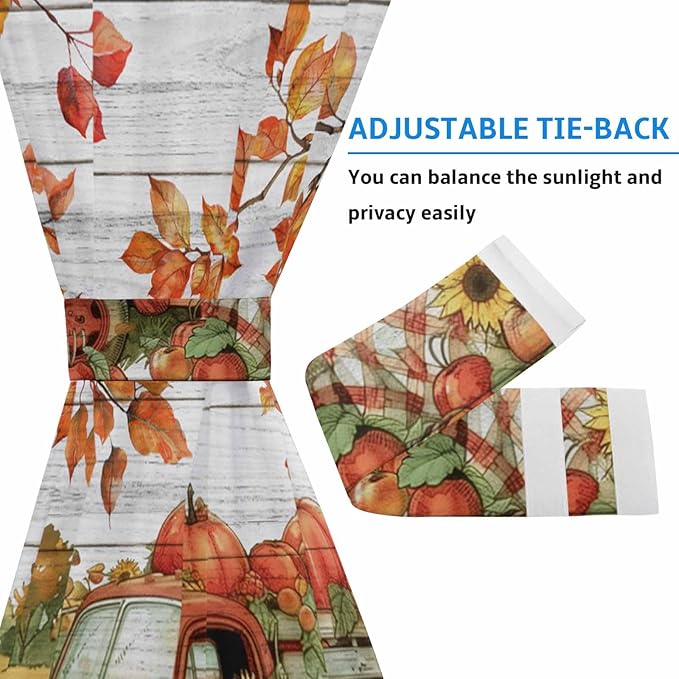 French Door Curtain Panel for Front Door, Fall Sunflower Pumpkins Retro Wood Countryside Slidelight Door Curtains with Tieback Light Filtering Privacy Panels for Doorway Entryway 25"x 40"