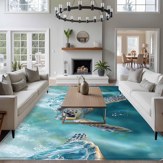Marine Animal 9'x12' Large Area Rugs, Ocean Turtle Modern Art Abstract Style Washable Area Rugs Non-Slip Indoor Floor Mats Large Carpet for Living Room Bedroom Dining Room