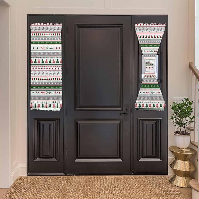 Christmas French Door Curtain Panel for Front Door, Red Green Gray Snow Deer Christmas Tree Strips Slidelight Door Curtains with Tieback Light Filtering Privacy Panels for Doorway Entryway 25"x 40"