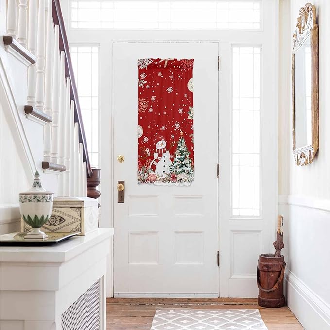 Christmas French Door Curtain Panel for Front Door, Marine Life Snowflake Christmas Tree Snowman Dark Red Slidelight Door Curtains with Tieback Light Filtering Privacy Panels for Entryway 25"x 40"
