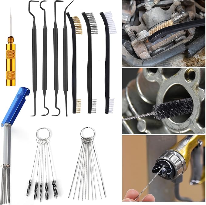Carburetor Cleaning Kit Tool, Includes 13 Needles 4 Cleaning Hooks 3 Dual-Head Nylon Brushes10 Single-Headed Needles 1 Pointed Hook Scraper for ATV Welder Motorcycle Carb Spray Jet Torch Tips