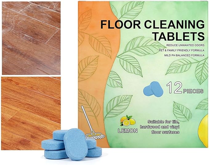 Floor Cleaning Tablets, Kitchen Floor Cleaner, 12 Pieces Lemon Scent Floors Cleaning Tablets, Multipurpose Mopping Cleaner, Floors Maintenance Aid for Scrubbing, for Hardwood Laminate Tile