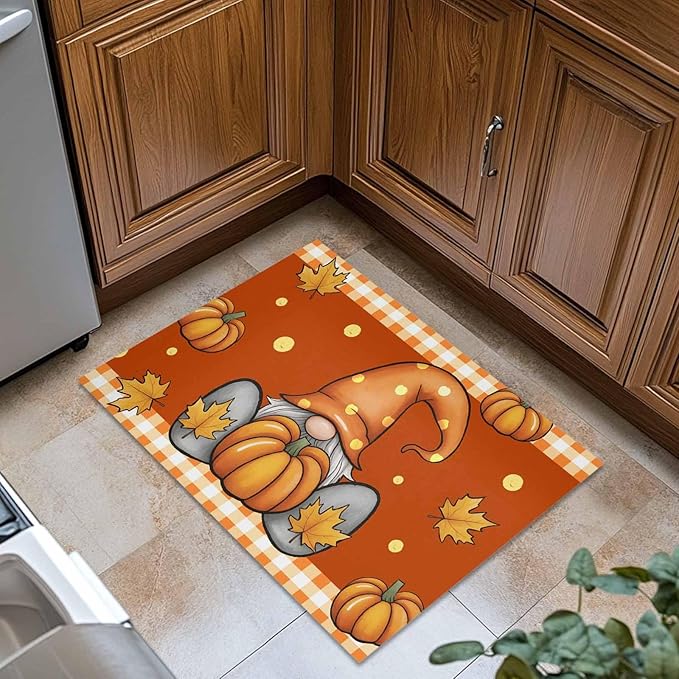 Welcome Door Mat 20x31.5in,Autumn Harvest Gnome Pumpkin Indoor Entryway Doormats Non-Slip Bath Rug Absorbent Front Door Mat,Thanksgiving Maple Leaves Orange Floor Carpet for Bedroom Bathroom