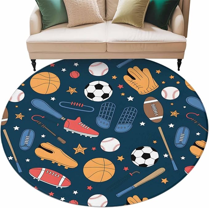 Cartoon Sports Round Rug 5 Ft, Baseball Soccer Basketball Rugby Sneakers Circle Area Rugs Washable Non Slip Indoor Floor Mats Carpet for Living Room Bedroom Dining Room Home Decor