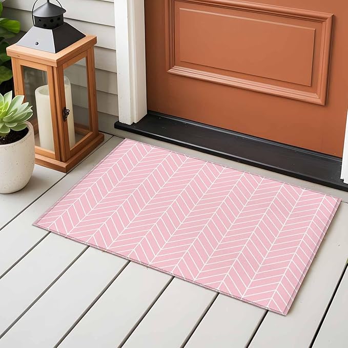 Pink Herringbone Stripes Entryway Rug 2'x3', Modern Abstract Geometric Pink Simple Lines Small Area Rug Non-Slip Front Door Mat Washable Floor Carpet for Indoor Entrance Kitchen Bathroom