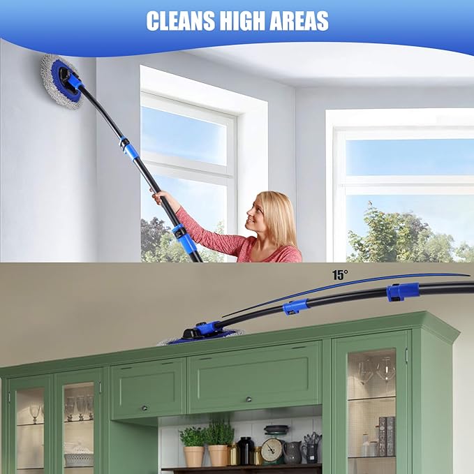 Wall Cleaner Mop, Washer Mops with Long Handle for Cleaning Walls Baseboard Window High Cabinet Ceiling Floor, 15°Bend Labor-Saving Microfiber Dry Dust and Wet Wash Cleaning Mop with Replacement Pad