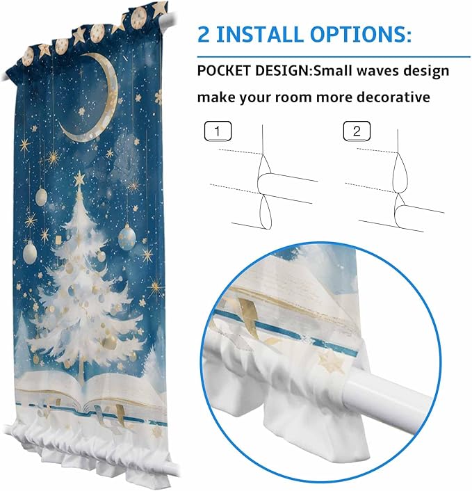 Christmas French Door Curtain Panel for Front Door, Blue Ink Night Moon White Book Xmas Trees Slidelight Door Curtains with Tieback Light Filtering Privacy Panels for Doorway Entryway 25"x 40"