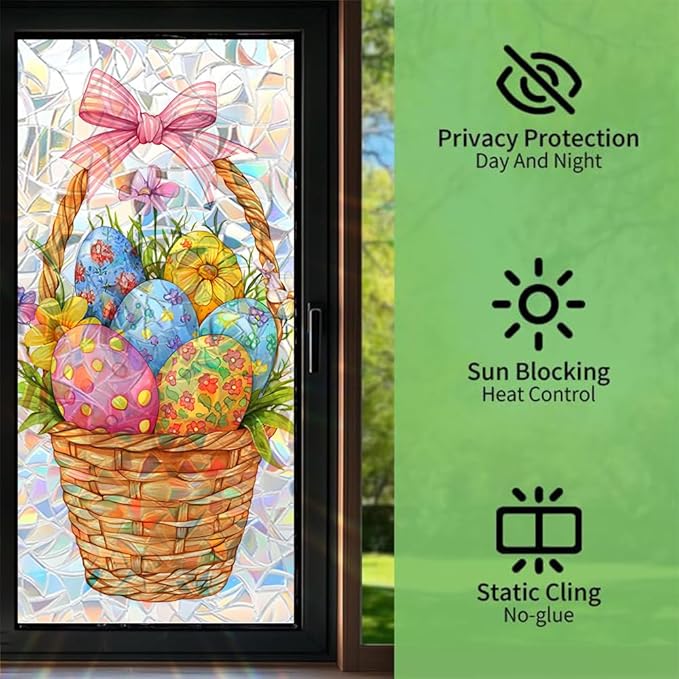 Easter Window Privacy Film 39.4 x 17.3 Inch PVC Easter Egg Basket Window Crescent Texture Decorative Glass Covering with Sunlit Glossy Shine for Bathroom Kitchen Living Room Privacy Accent
