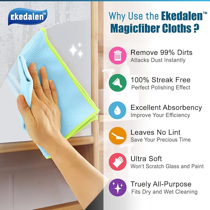 Microfiber Cleaning Cloth Lint Free Glass Cleaner Window Polishing Streak Free Miracle Easy Clean Rag Reusable for Mirror Kitchen Dish Auto Detailing,Pack of 8, 12'' x 16'', Light Blue