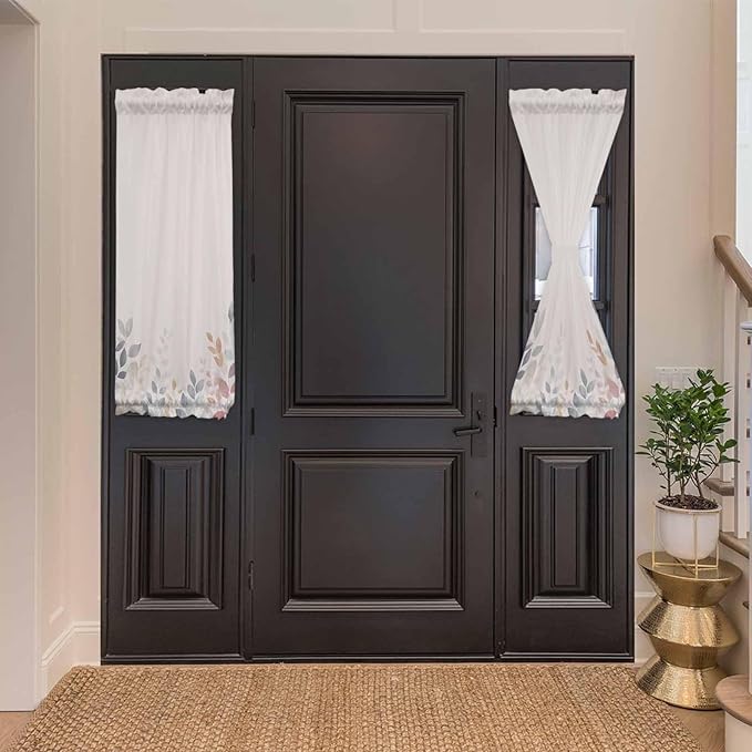 French Door Curtain Panel for Front Door, Colored Plant Leaves Beige Rural Style Slidelight Door Curtains with Tieback Light Filtering Privacy Panels for Doorway Entryway 25"x 40"