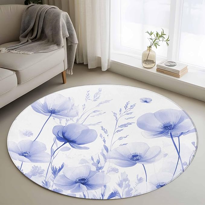Flower Small Round Rug 3 Ft, Blue Area Rugs Washable Non Slip Indoor Floor Mats Circle Carpet for Living Room Bedroom Dining Room Home Decor