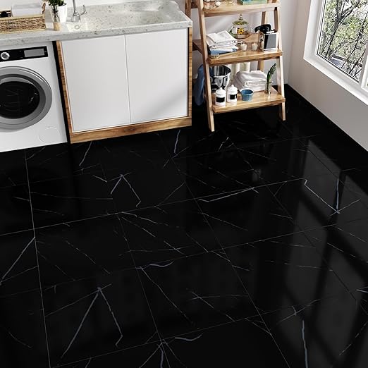 Wallercity Glossy Black Marble Peel and Stick Floor Tile Waterproof Vinyl Flooring Adhesive 6PCS Peel and Stick Bathroom Floor Tile with White Veins Sticky Tiles for Bedroom Kitchen Basement 12''x12''