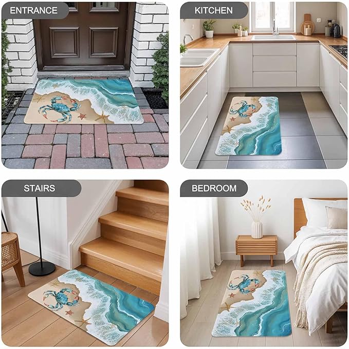 Turquoise Crab Doormat Ocean Spray Non Slip Low Profile Rubber Door Mat Washable Absorbent Indoor Front Door Mat Entryway Rug Entrance Carpet 24x36 Inch
