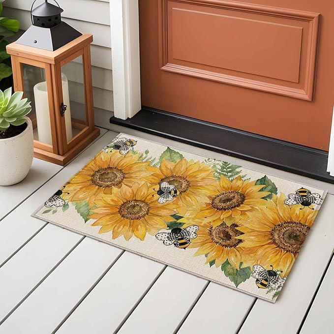 Watercolor Sunflower Cartoon Farmhouse Bee Linen Texture Entryway Rug 2'x3', Small Area Rug Non-Slip Front Door Mat Washable Floor Carpet for Indoor Entrance Kitchen Bathroom