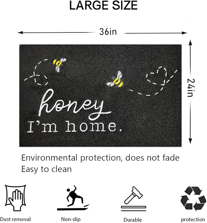 Large Door Mat Funny Front Doormat Kitchen Rugs Front Entrance Outdoor Indoor Bee Low Profile Non Slip Durable Rubber Doormats for Porch Patio Entry Kitchen Black 36X24 inch