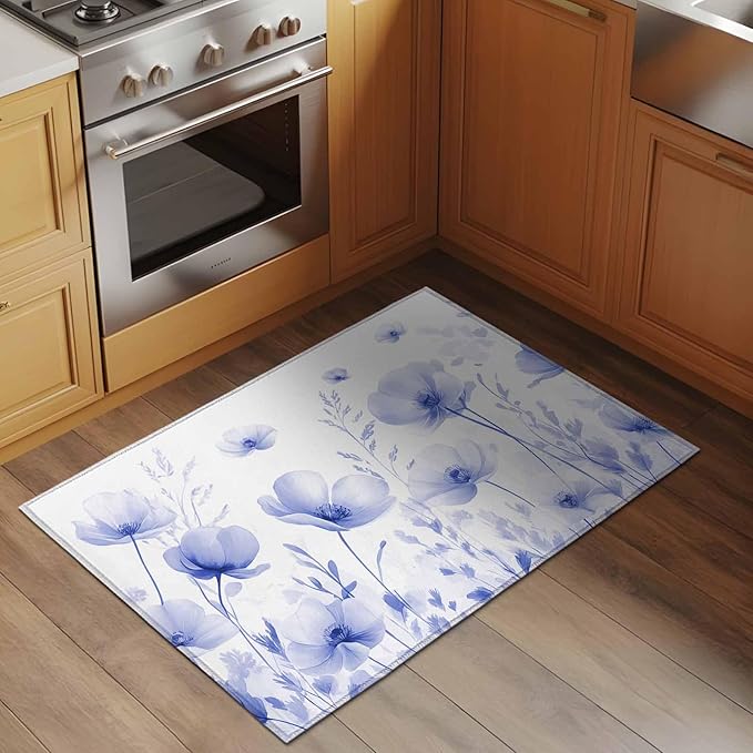 Flower Entryway Rug 2'x3', Blue Small Area Rug Non-Slip Front Door Mat Washable Floor Carpet for Indoor Entrance Kitchen Bathroom