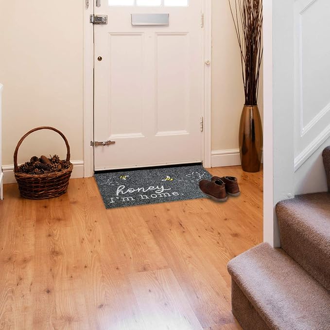 Funny Bee Doormat Honey I'm Home Cute Door Mat Welcome Mats for Front Door Kitchen Rugs Indoor Porch Outdoor Non Slip Durable Rubber Mats Grey Floor Rugs for Outside Entry Farmhouse