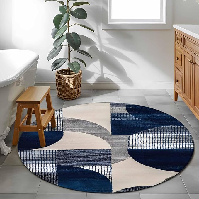 Modernism Round Rug 3.3 Ft, Blue White Geometric Abstract Design Samll Area Rugs Washable Non Slip Indoor Floor Mats Circle Carpet for Living Room Bedroom Dining Room Home