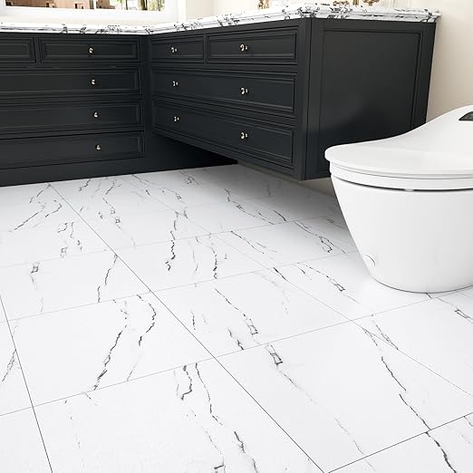 Wallercity Matte White Peel and Stick Floor Tiles Waterproof Marble Vinyl Flooring Tile Stickers 12''x12'' Self-Adhesive Stick on Tiles for Bathroom Kitchen Living Room Thick Shower Tile Sheets 16PCS